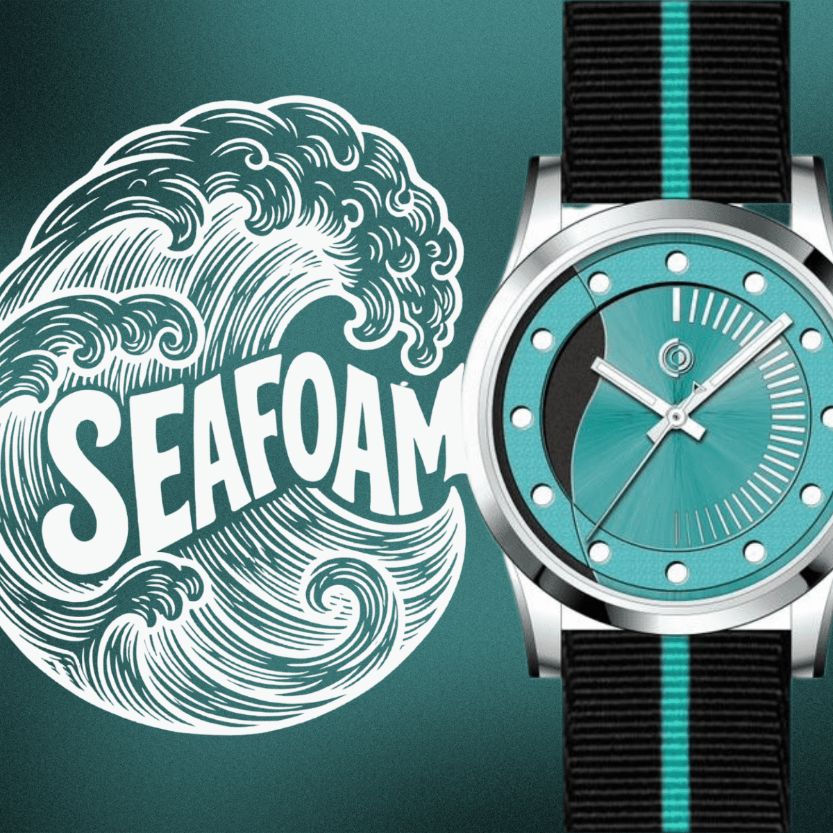 Offbeat automatic watch with blue dial and striped strap beside seafoam logo on blue background