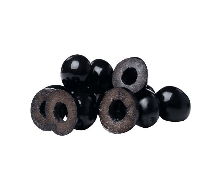 A cluster of whole and sliced pitted black olives isolated on a white background.