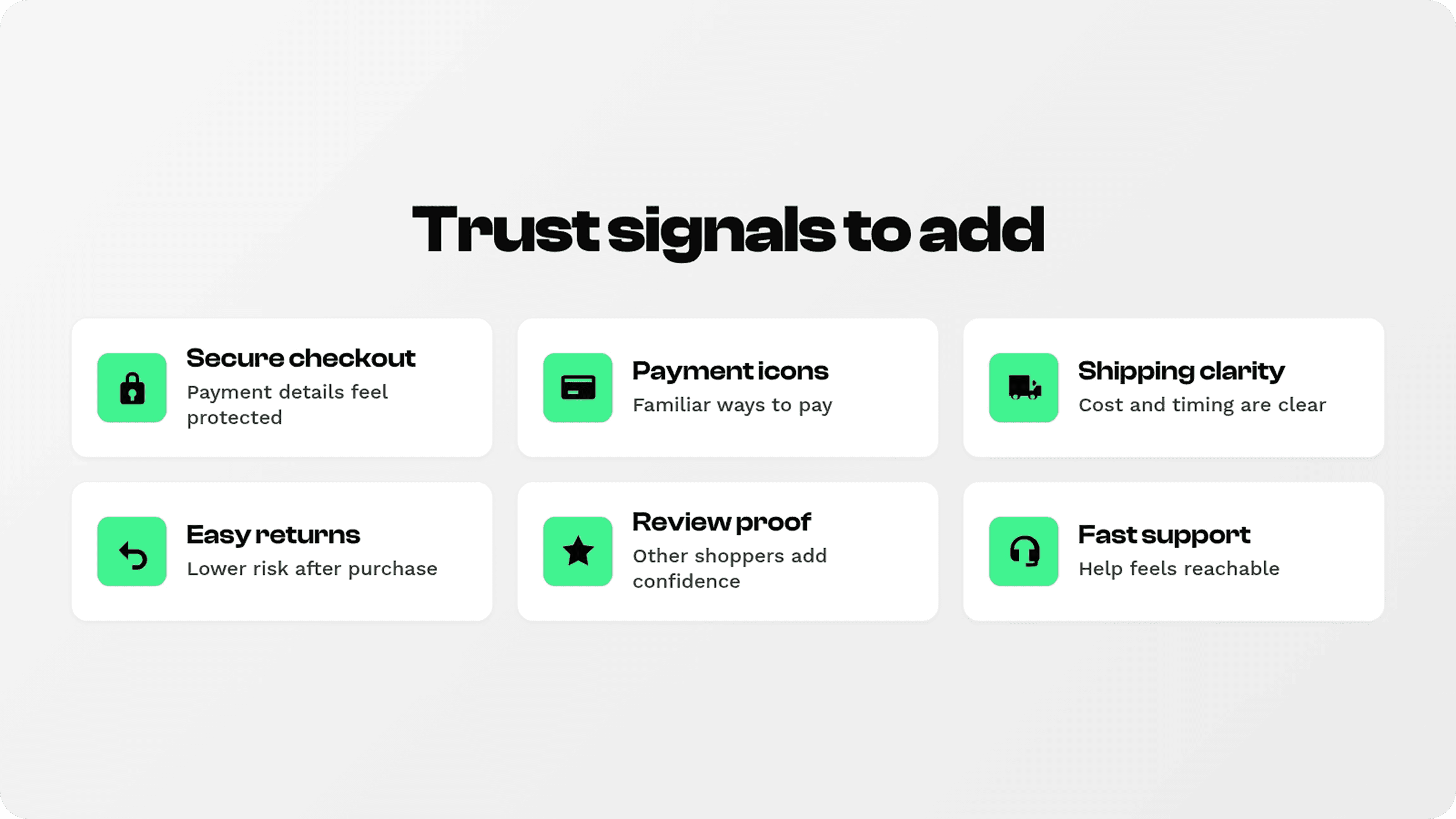 Trust signals infographic showing secure checkout, payment icons, shipping clarity, easy returns, review proof, and fast support.