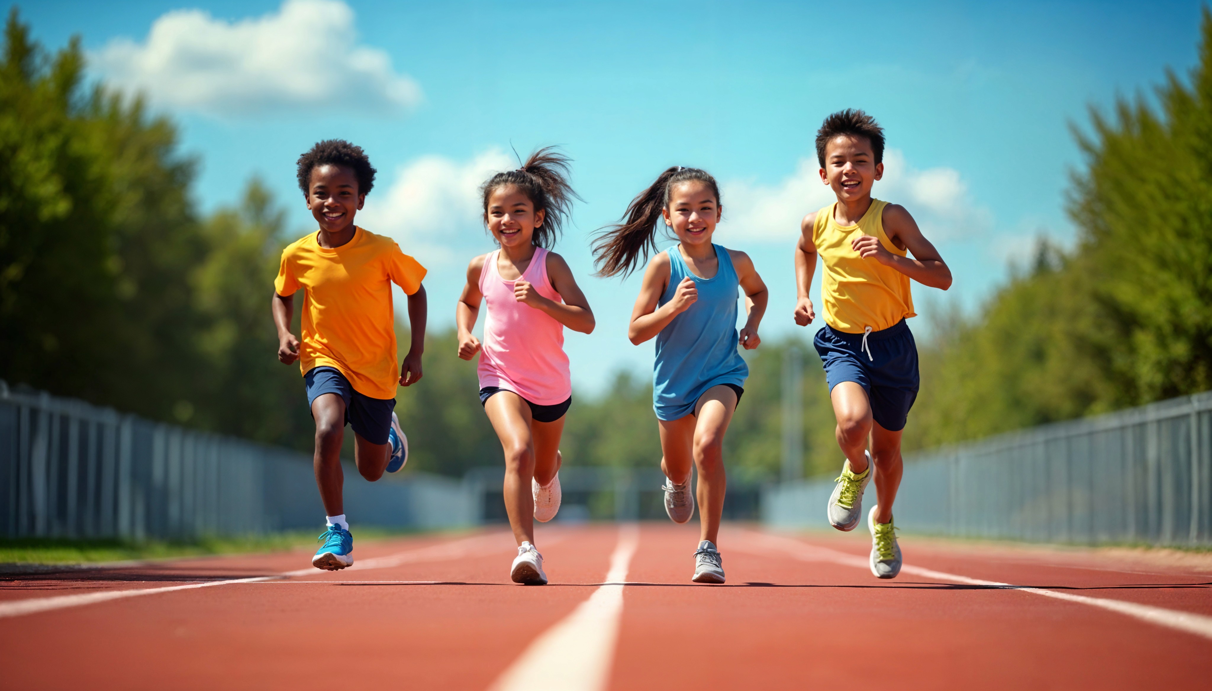 Four children joyfully run on a track under a clear blue sky. Their colorful athletic wear and smiling faces evoke energy and enthusiasm.