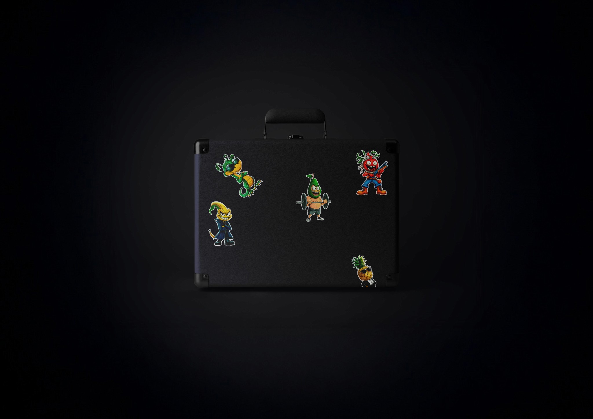 Black suitcase decorated with colorful cartoon stickers of NarCoin characters, placed against a dark background.