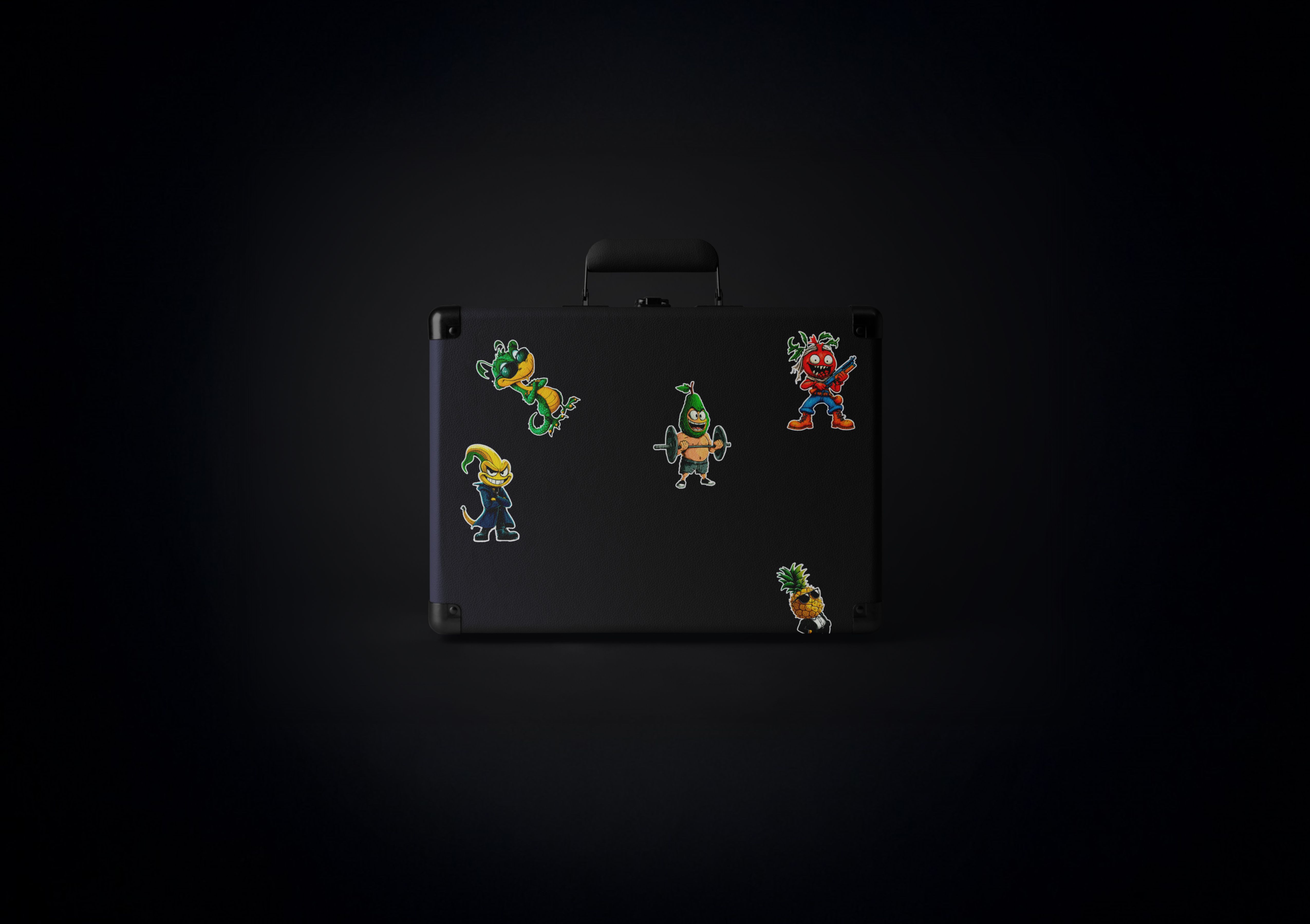 Black suitcase decorated with colorful cartoon stickers of NarCoin characters, placed against a dark background.