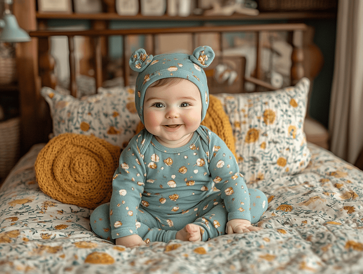 6 month old baby sitting on bed