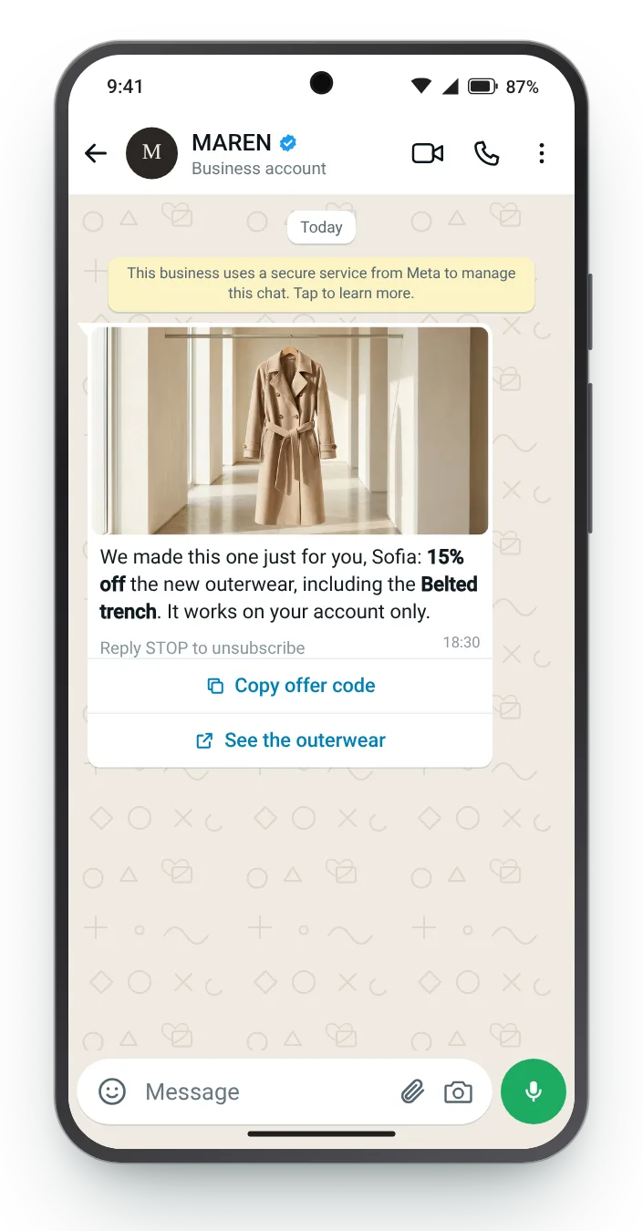 One made for them alone: WhatsApp coupon code message on an Android phone