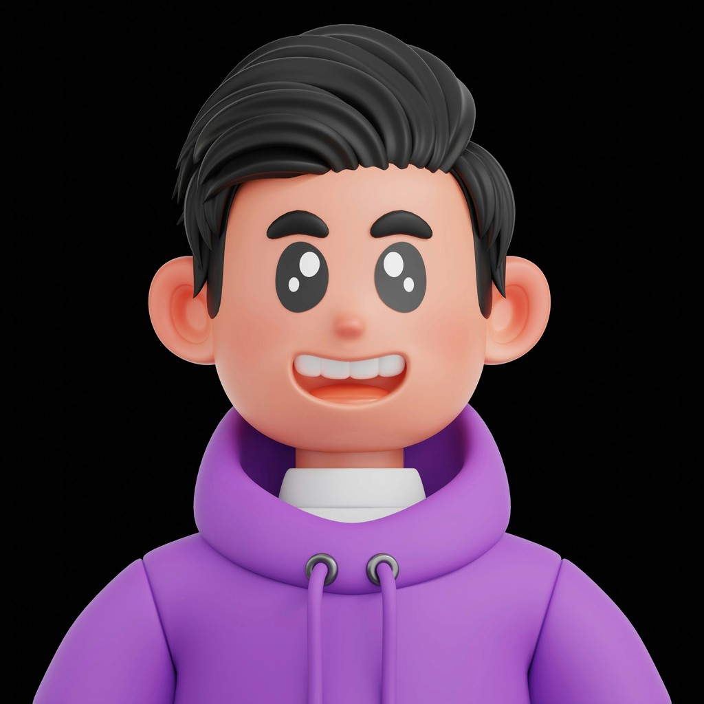 A smiling cartoon man wears a purple hoodie.