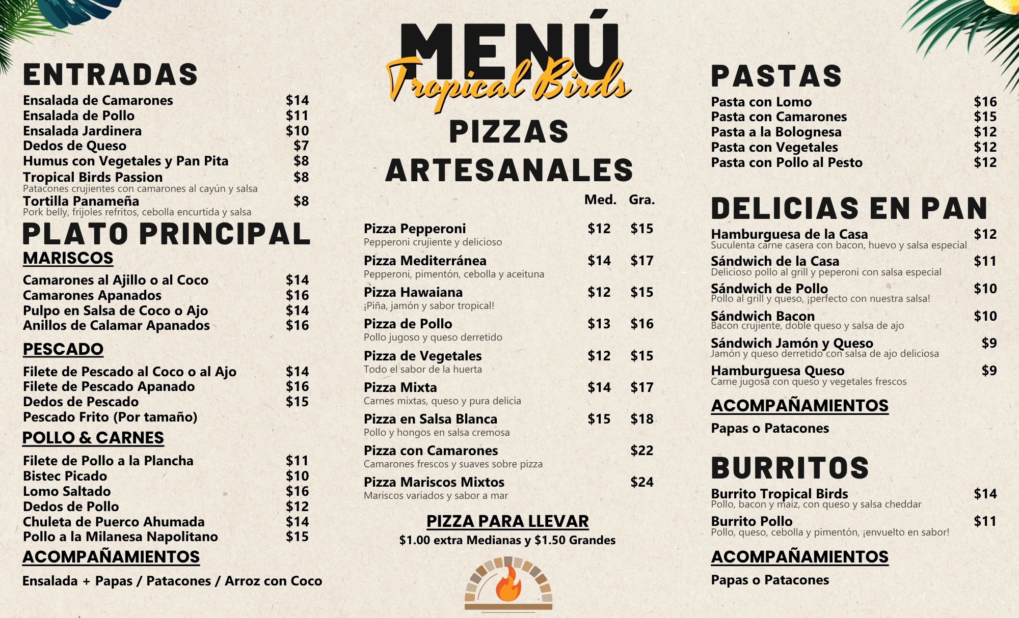 Diseño de menú restaurante Tropical Birds Panamá – carta de comidas, pizzas artesanales y platos principales creada por Fresa Marketing