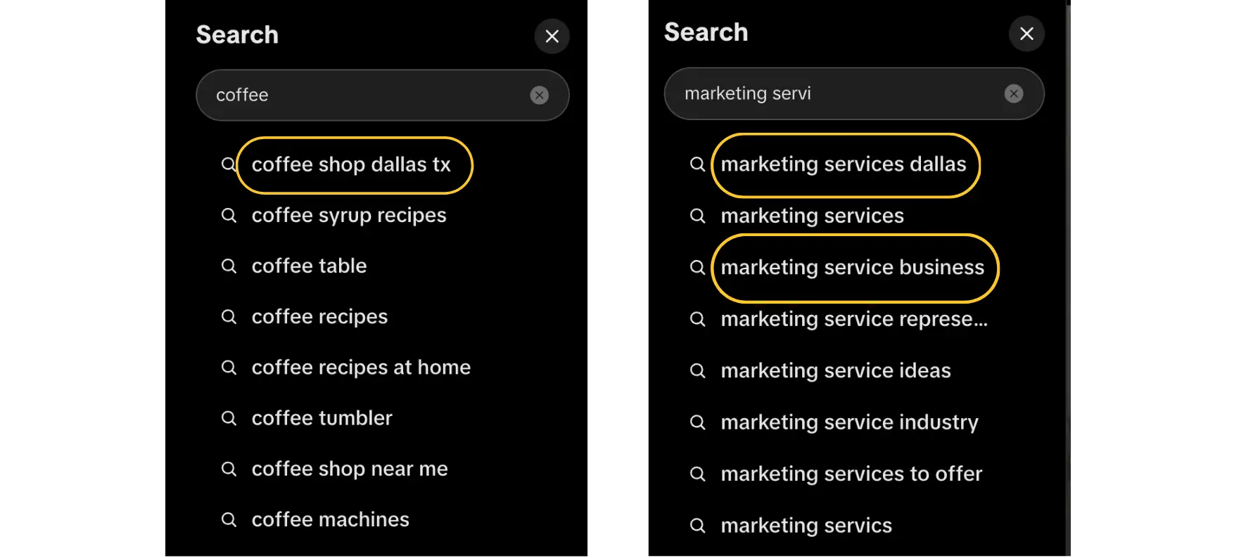 Two TikTok search autocomplete screenshots with local queries like "coffee shop dallas tx" and "marketing services dallas" circled for TikTok keyword research.