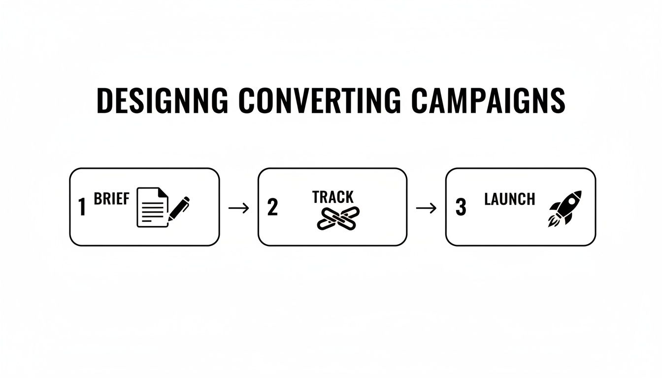 Diagram illustrating a 3-step campaign process: Briefing, Tracking, and Launching with relevant icons.