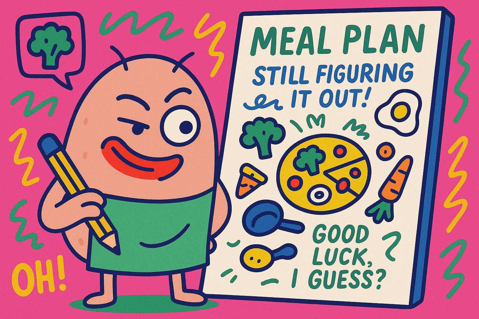 An image of a clever potato that stands in front of a whiteboard that has a meal plan figured out