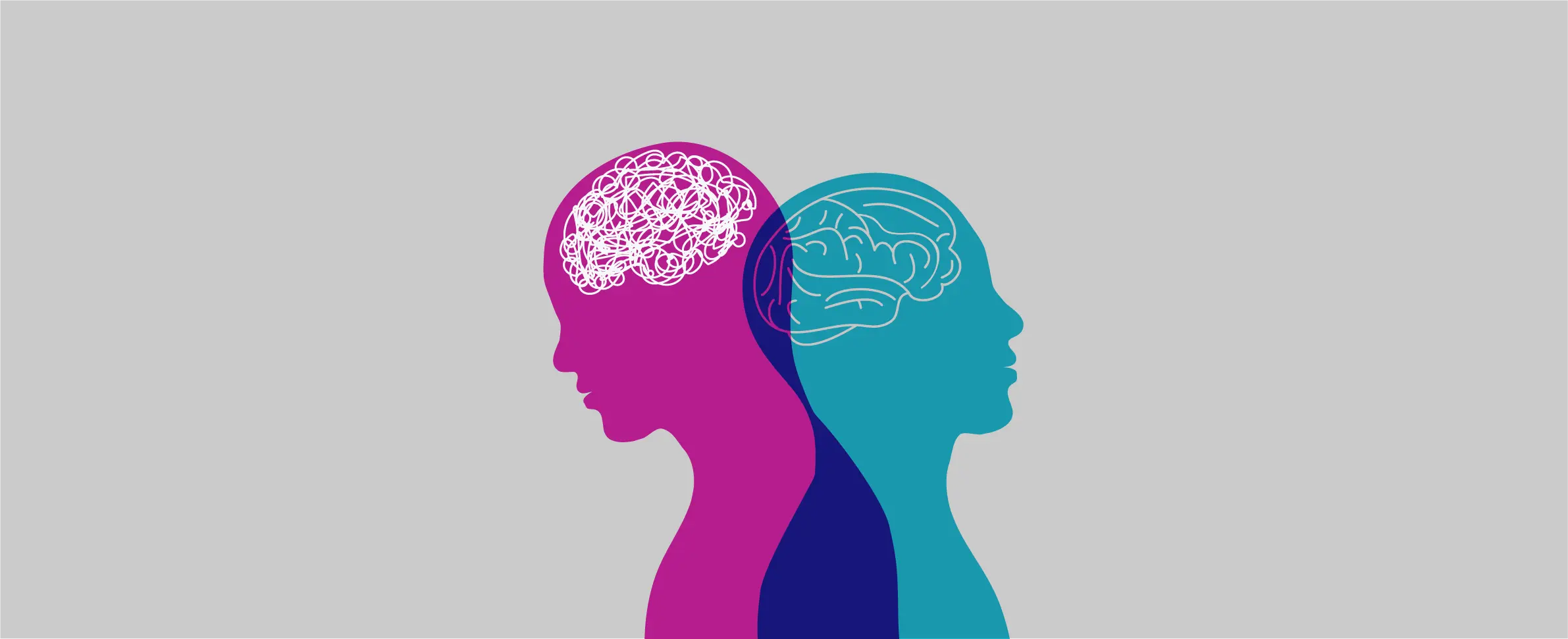 wo head silhouettes side-by-side – one with a tangled scribbled brain representing high cognitive load, the other with a clear neural pattern representing flow state and clarity