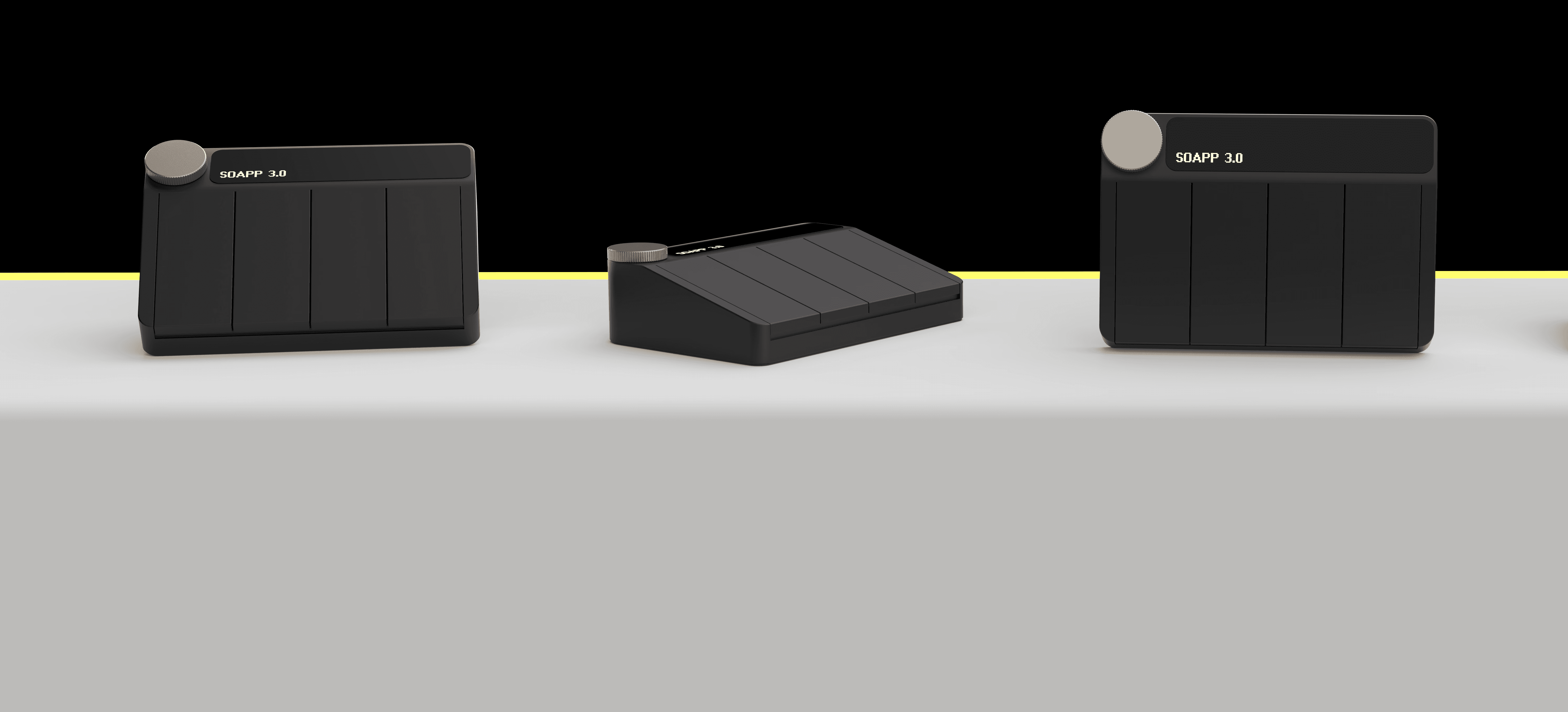Three different views of the Riff MIDI Link on a white table against a black background.