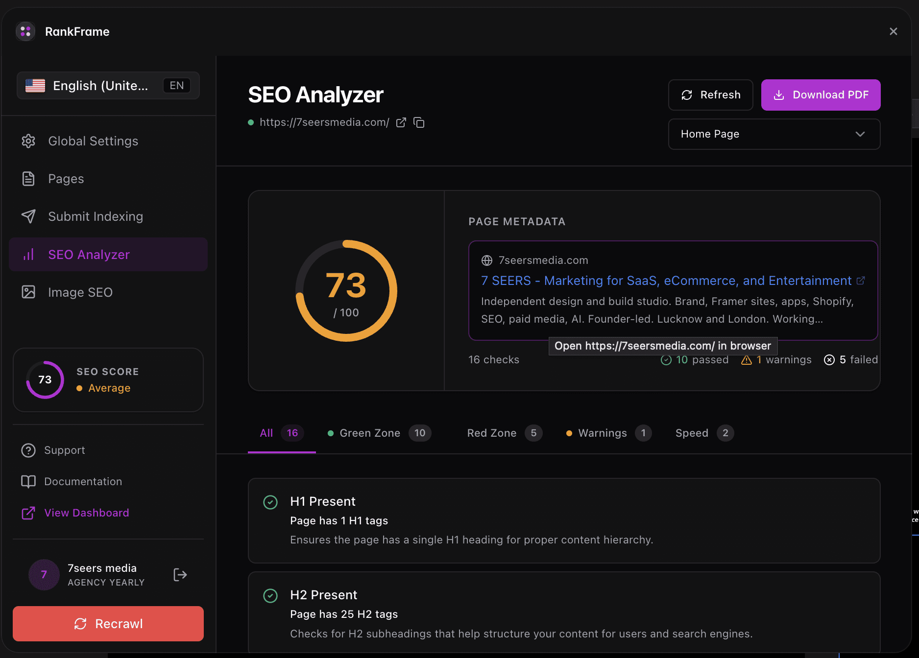 SEO Analyzer website metrics overview in RankFrame