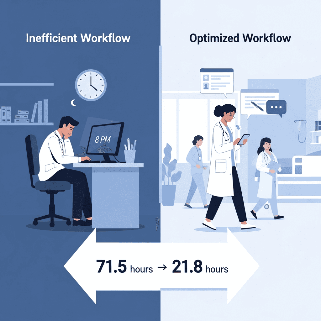 A clean, professional medical illustration showing the workflow optimization for discharge summary documentation. Split composition showing "inefficient workflow" on left (physician sitting alone at computer late at night, looking tired, clock showing 8 PM) versus "optimized workflow" on right (physician using mobile device during hospital rounds in daylight, capturing notes in real-time while walking between patient rooms). Include visual elements like a timeline arrow showing "71.5 hours → 21.8 hours" and icons representing real-time documentation. Modern healthcare setting, soft blue and white color scheme, professional medical atmosphere, clean infographic style.