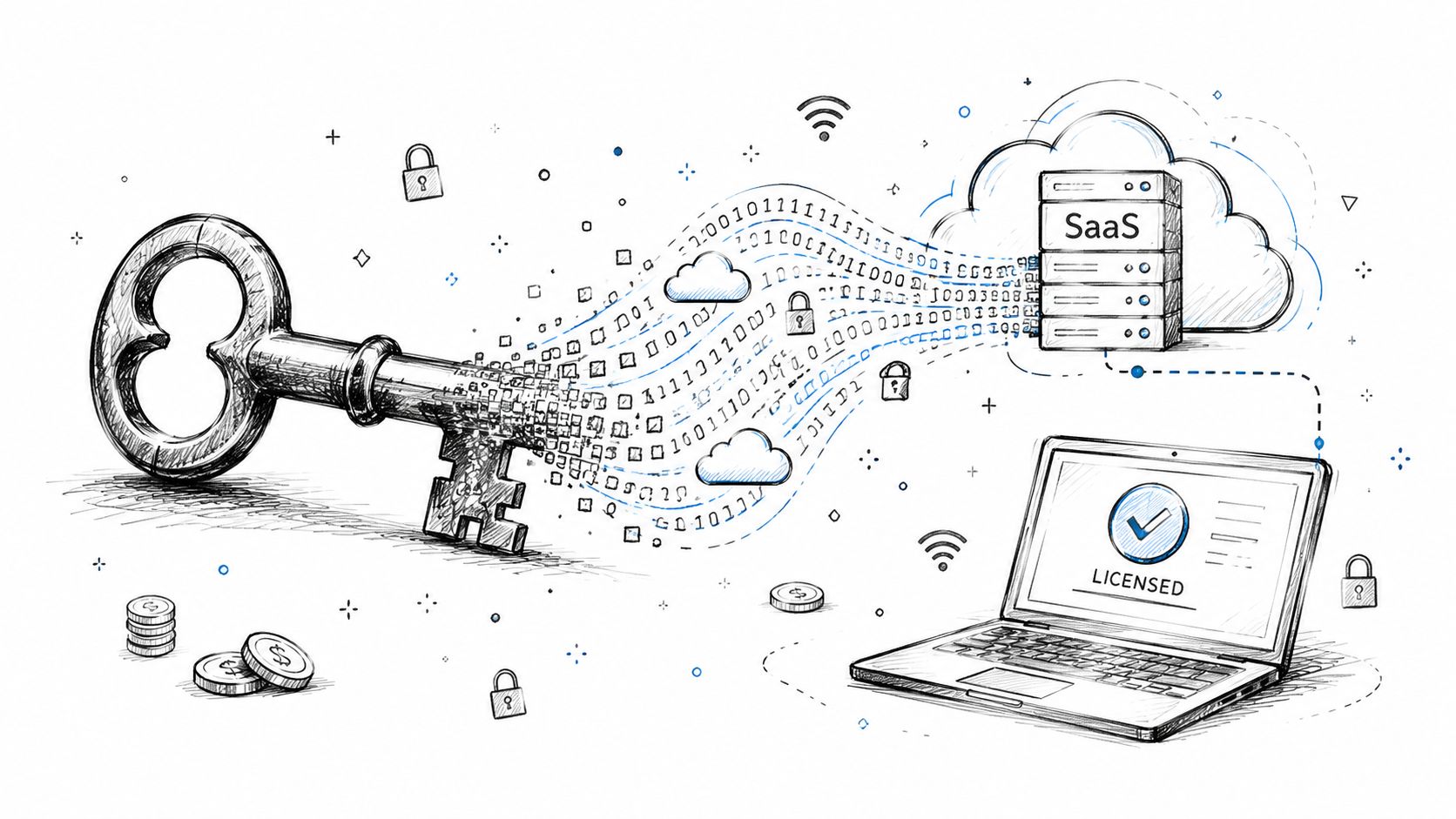 A digital illustration showing a physical key transforming into data, connecting to a SaaS cloud server.