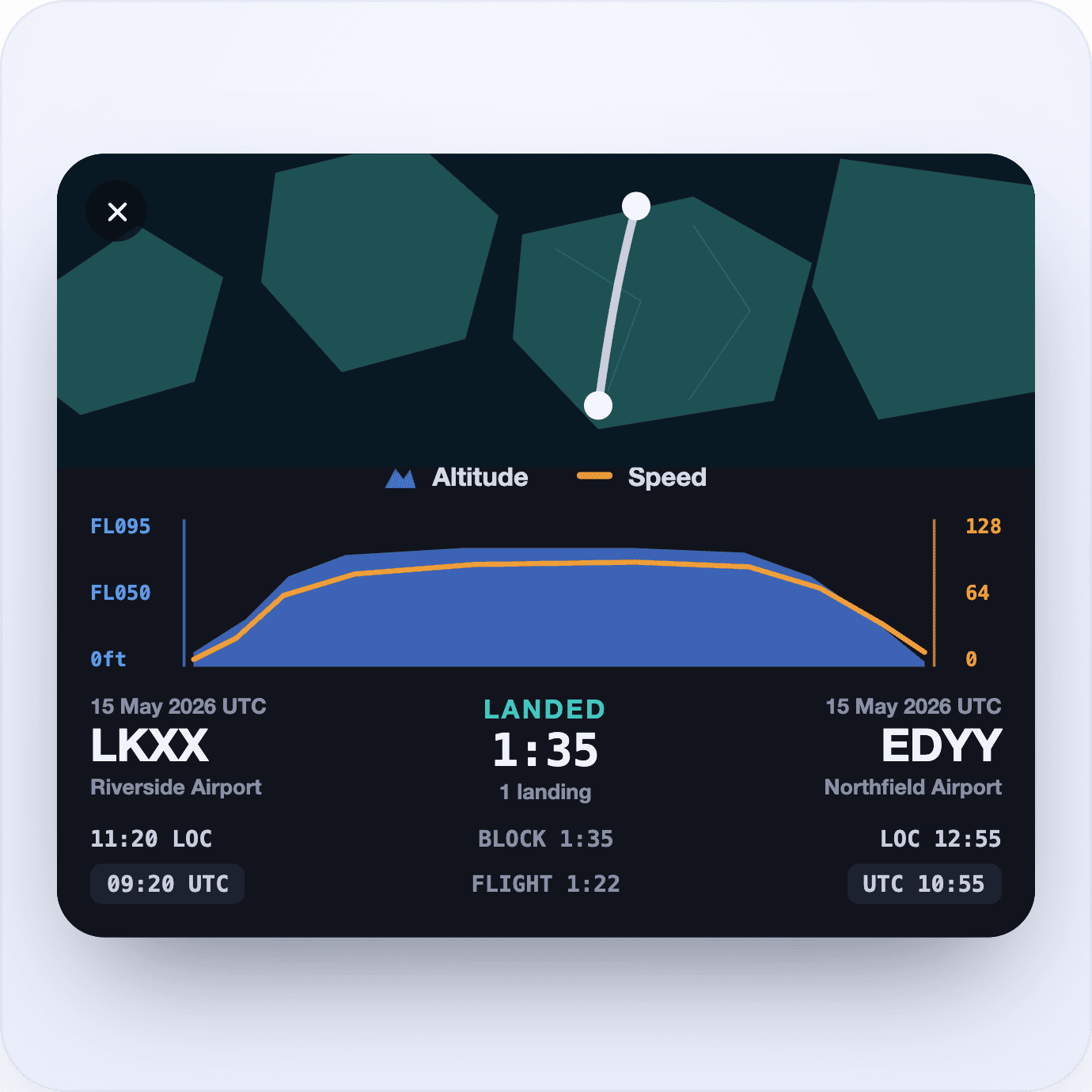 Flight automatically imported from ADS-B data into the aircraft logbook