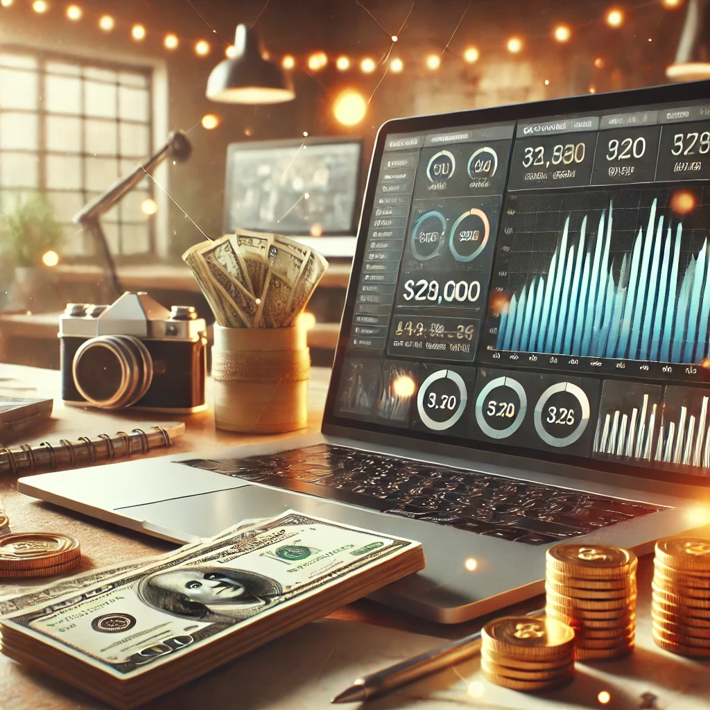 A detailed and realistic scene illustrating website monetization, featuring a sleek laptop displaying analytics, money symbols, a wallet with cash, and tools like a tablet and phone symbolizing digital business strategies.