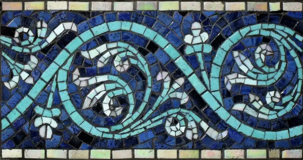 Flowering Vine mosaic border, Turquoise and white on navy, hand-cut — reference H-22, Mosaiclegs Art Studio