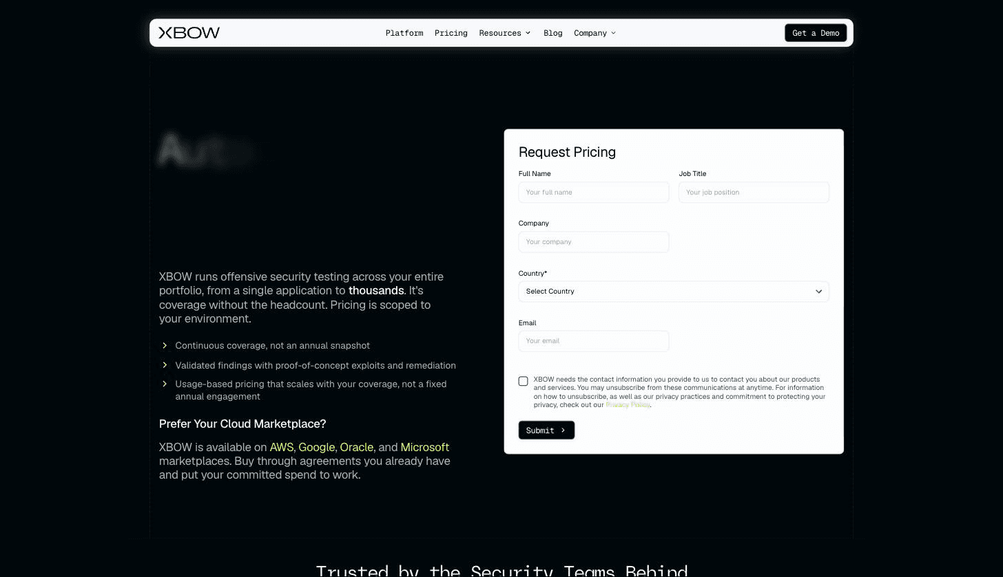 XBOW pricing page in July 2026 showing the Request Pricing form, usage-based pricing bullet points, and cloud marketplace availability with no dollar figures
