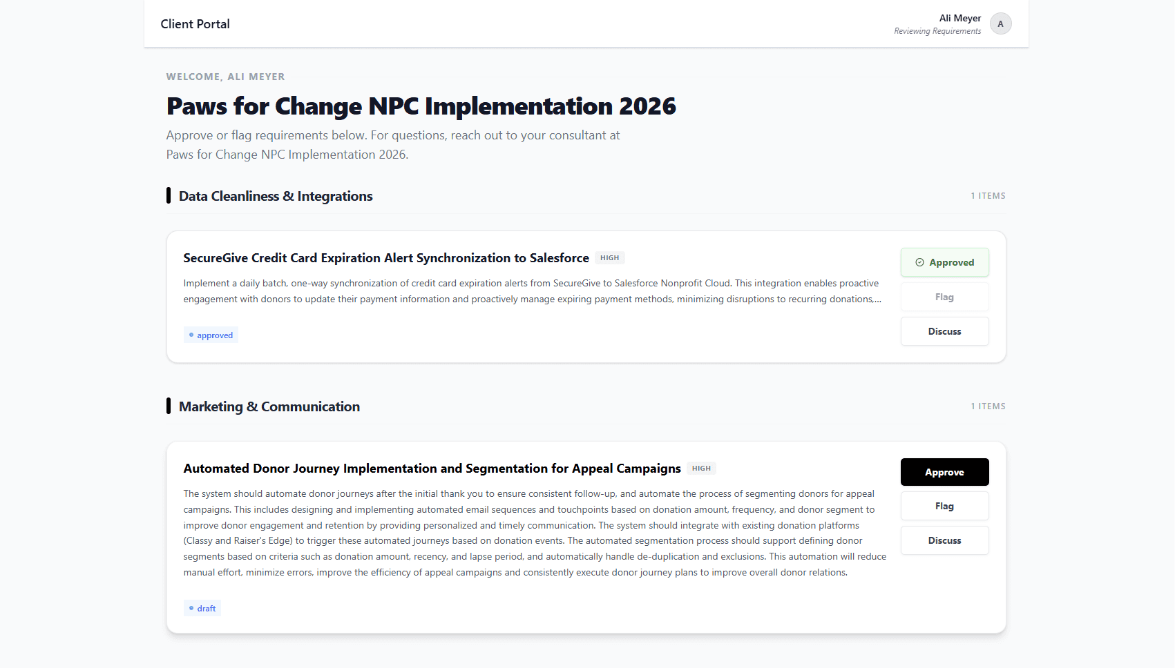 Client portal with a few requirements and options to Approve, Flag, or Discuss