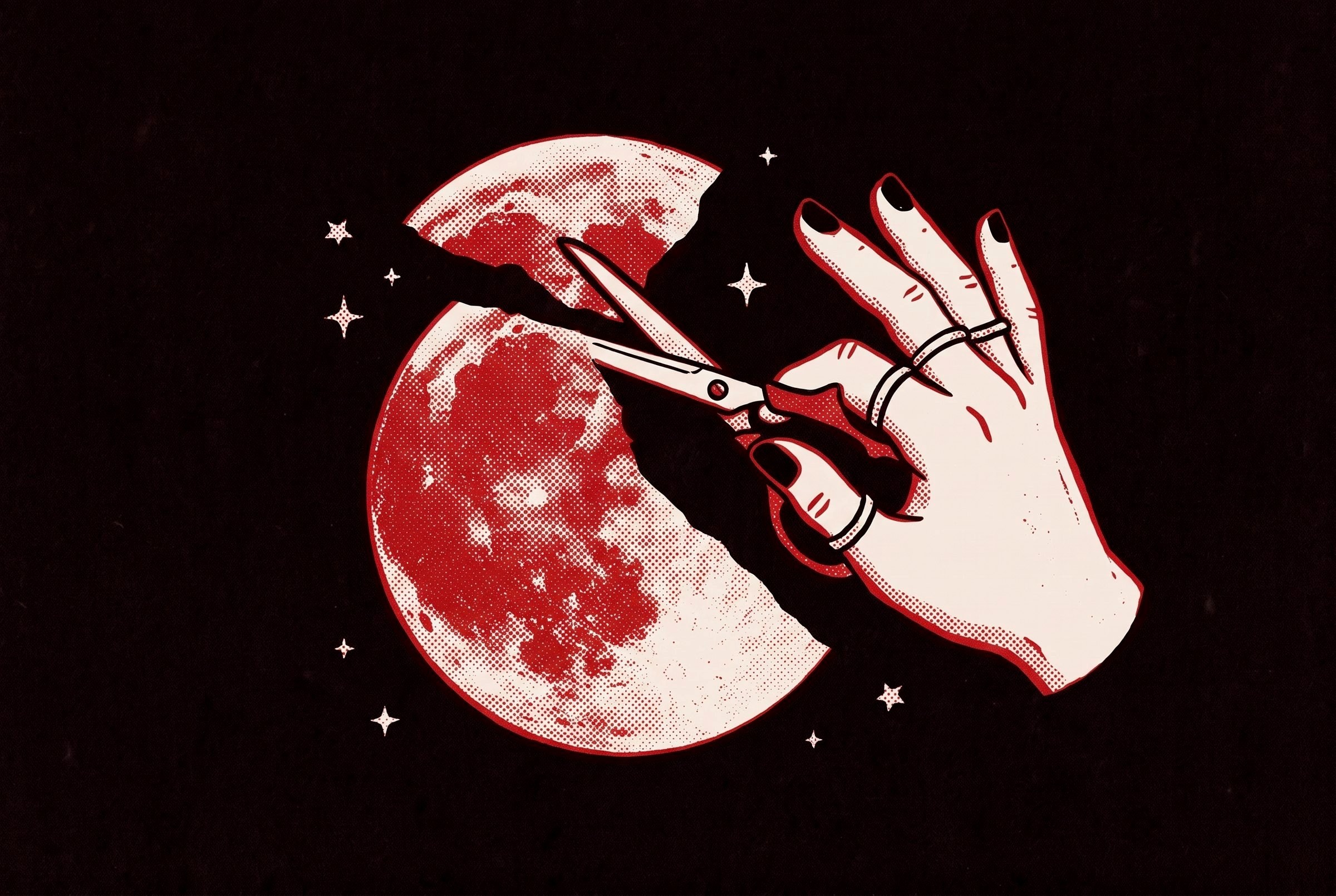 Riso illustration of a hand with black nails cutting a paper blood moon in two with scissors