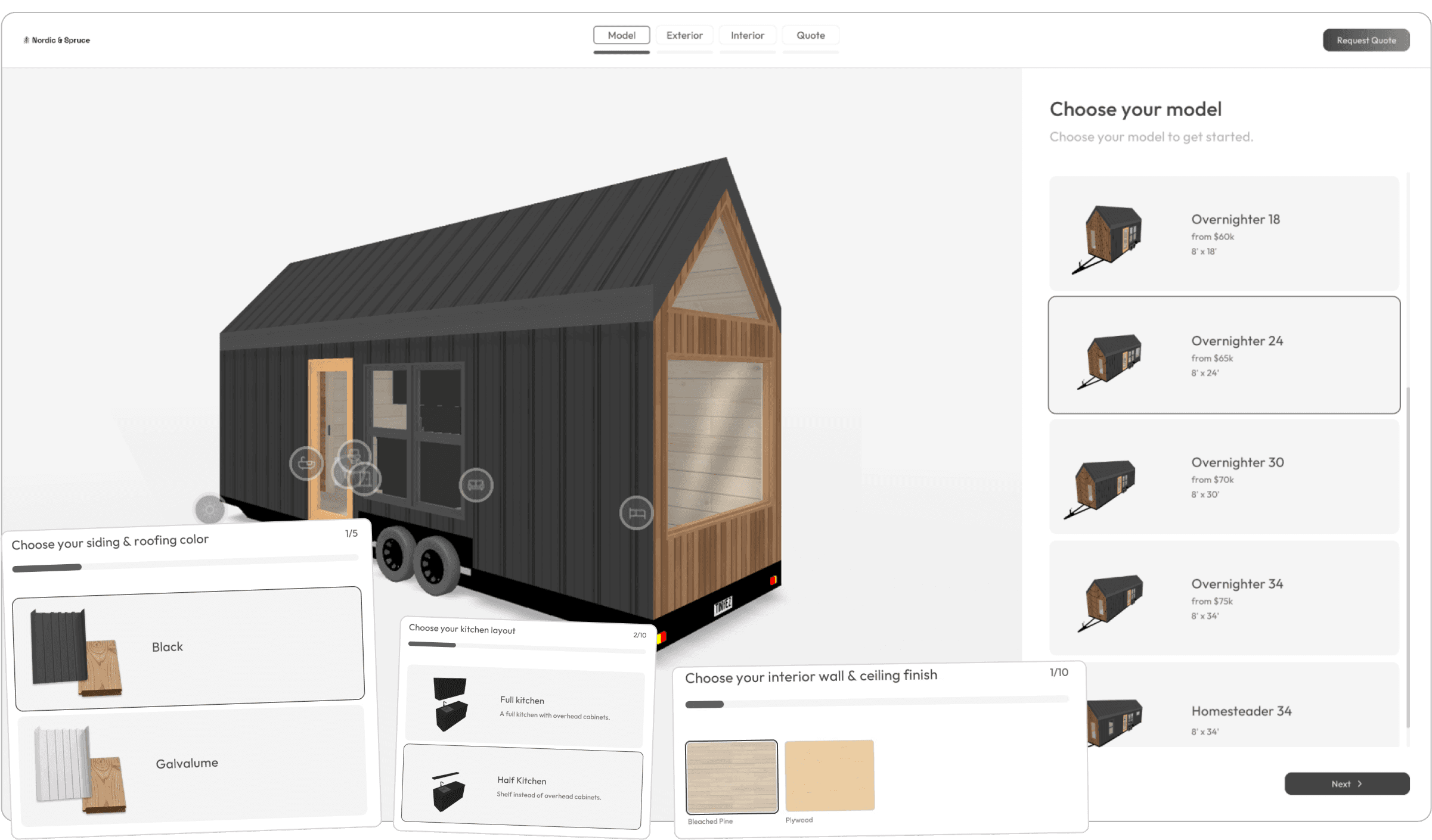 Nordic & Spruce configurator showing tiny home model selection with options for siding, kitchen, and finishes.