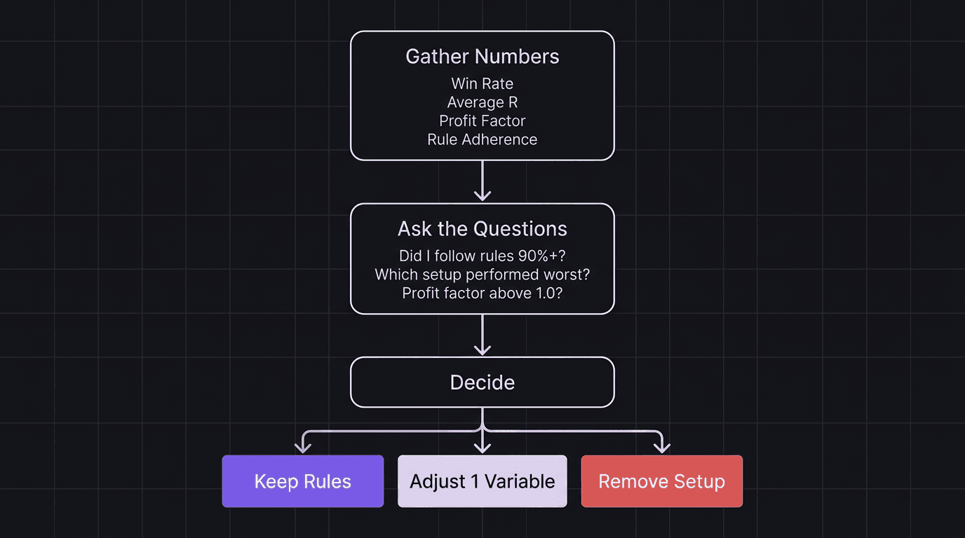 Flowchart showing the three phases of a quarterly trading review from data gathering to decision
