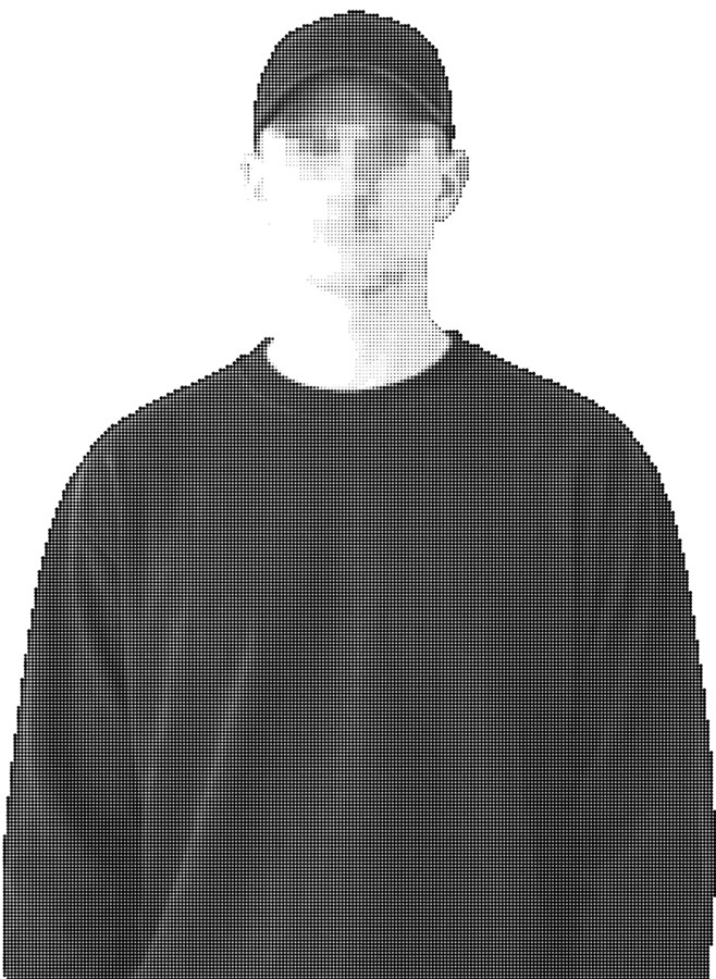 Minimalist portrait of a designer with large typography overlay