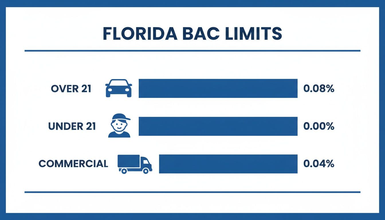 A chart illustrating Florida's Blood Alcohol Content (BAC) limits for drivers based on age and vehicle type.