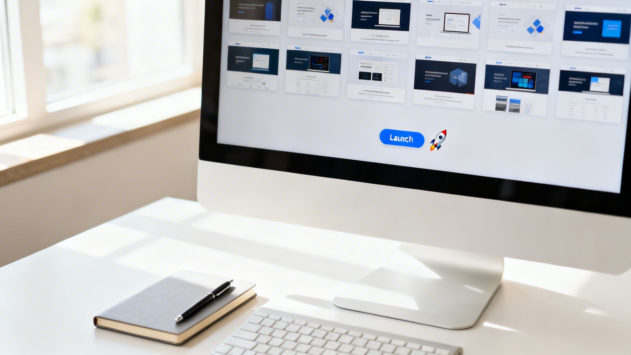 A clean desk with an iMac displaying web design templates, a notebook, and a pen.