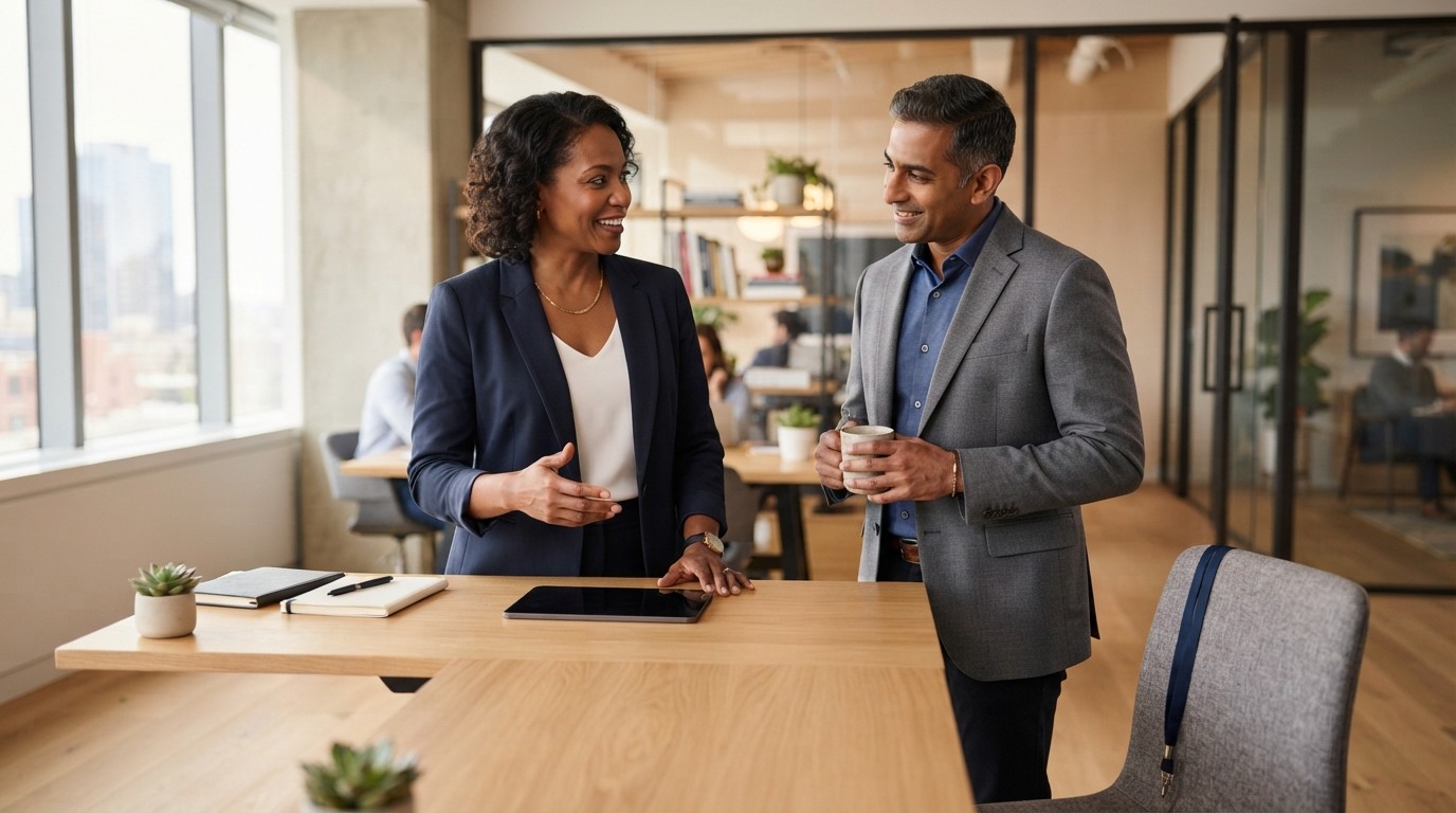Two B2B marketing leaders discussing strategy in a modern office