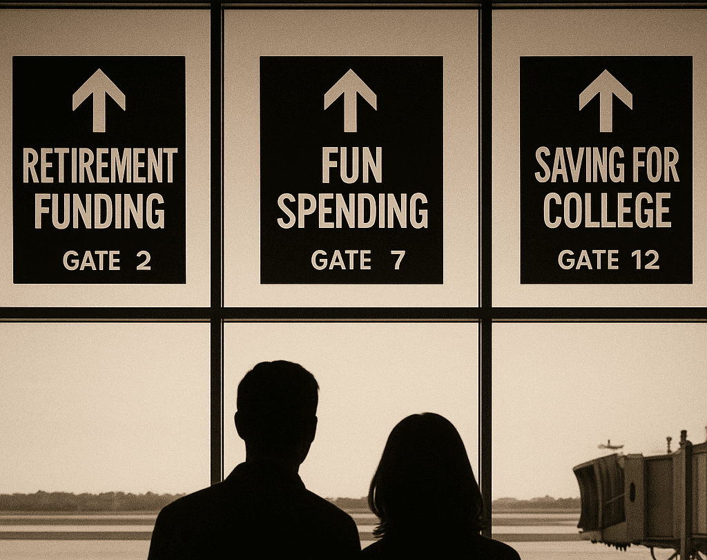 A couple stands in an airport with 3 gates containing 3 options: retirement funding, fun spending, and saving for college.