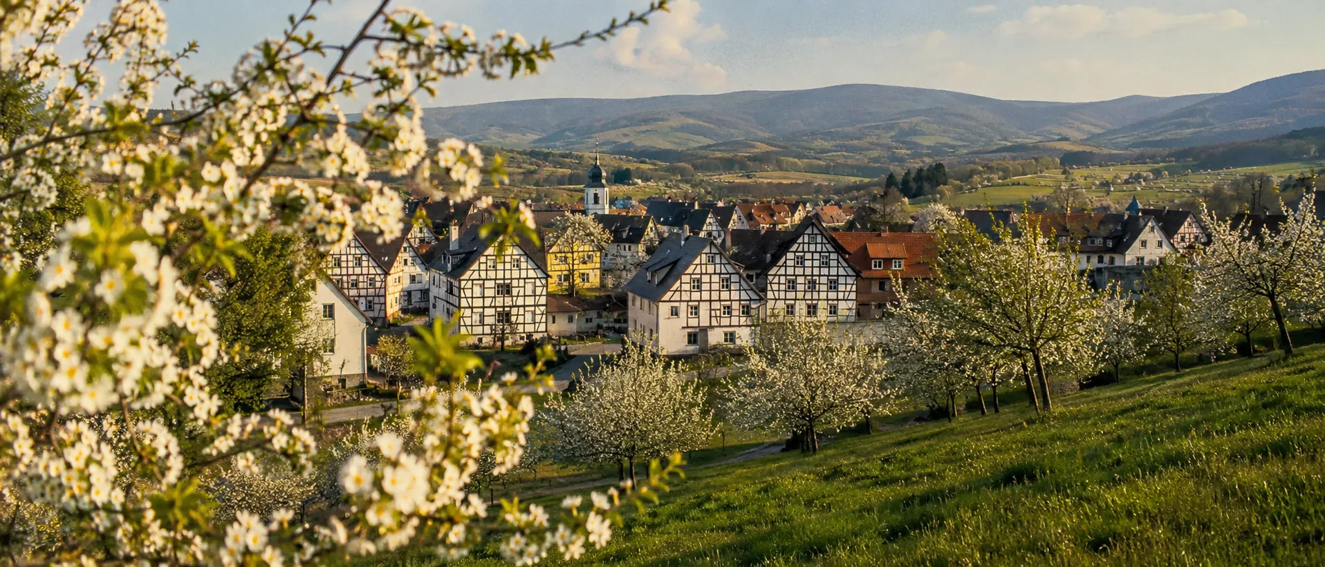 Hessisches Fachwerkdorf mit Obstbäumen, Blüten und sanften Mittelgebirgshügeln