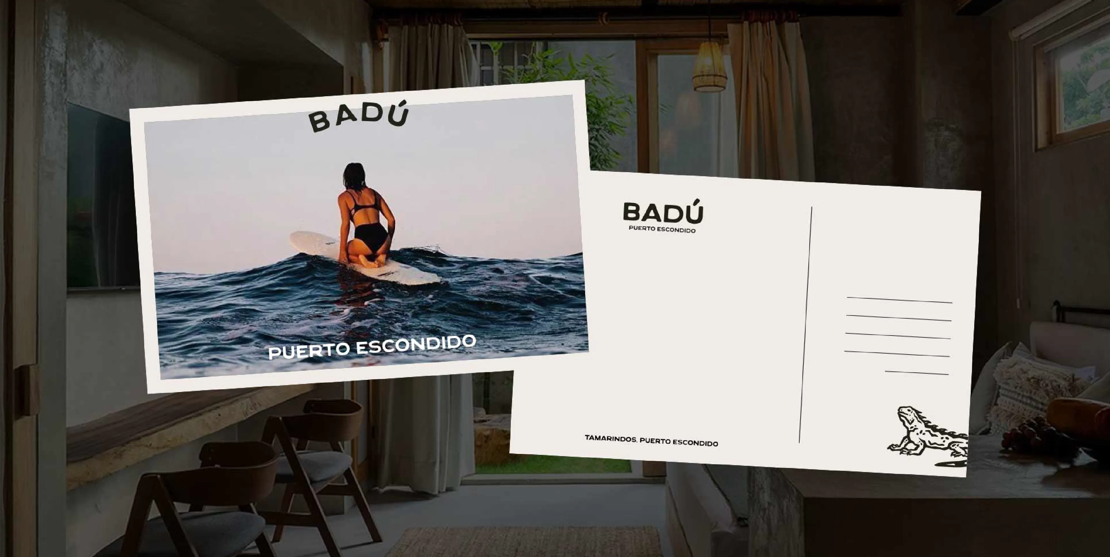 Badu postcards on an image overlay of the hotel interior