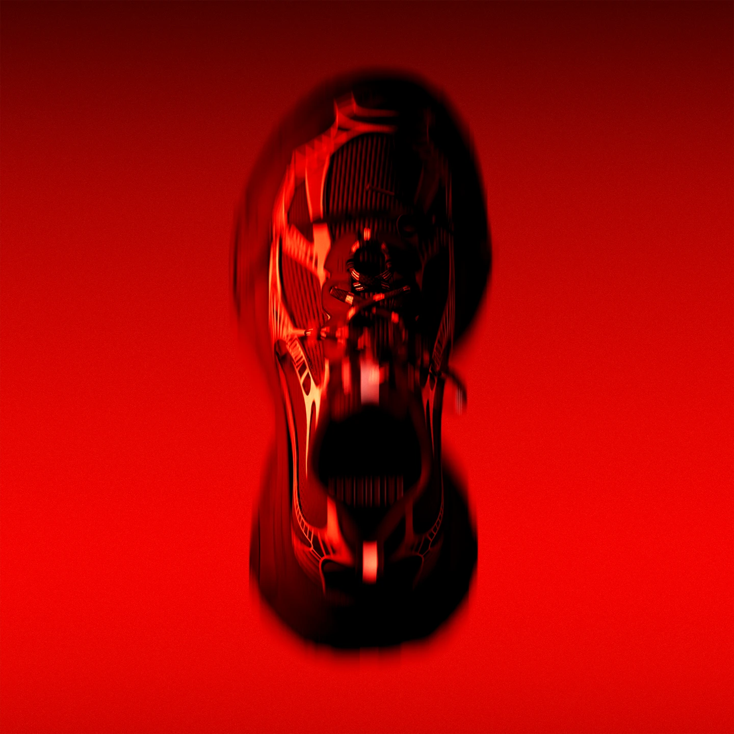 Balenciaga sneaker 3D render, top-down view with motion blur, red background