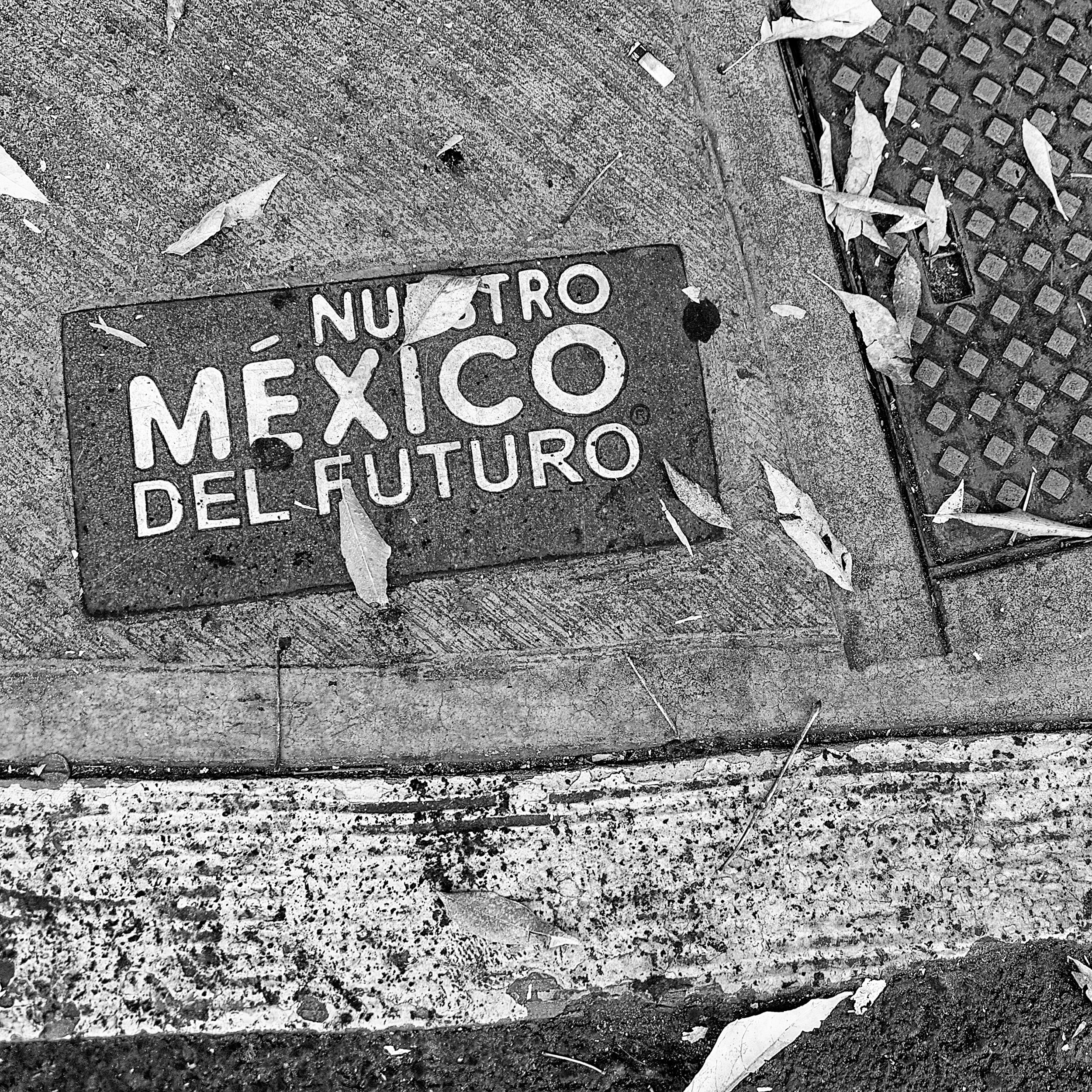 Black and white image of a worn sidewalk plaque reading “Nuestro México del Futuro,” surrounded by fallen leaves and grime.