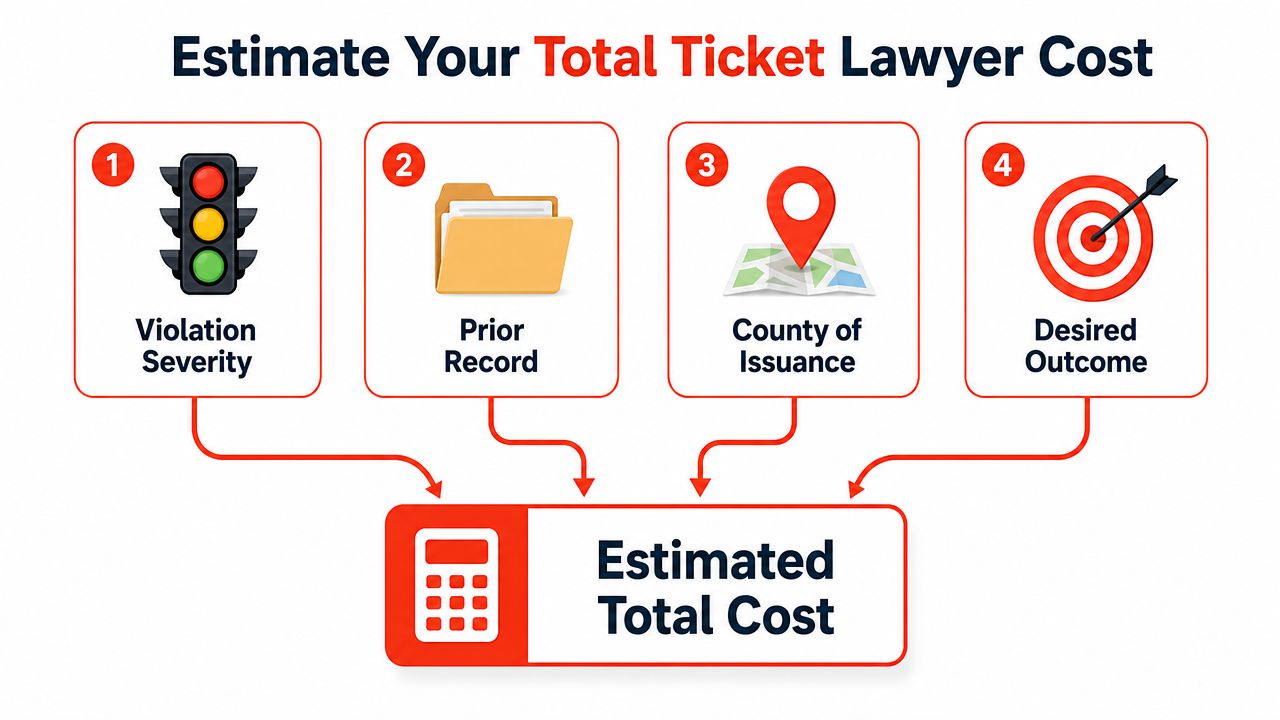 A four-step infographic illustrating factors that influence the total cost of hiring a ticket lawyer.