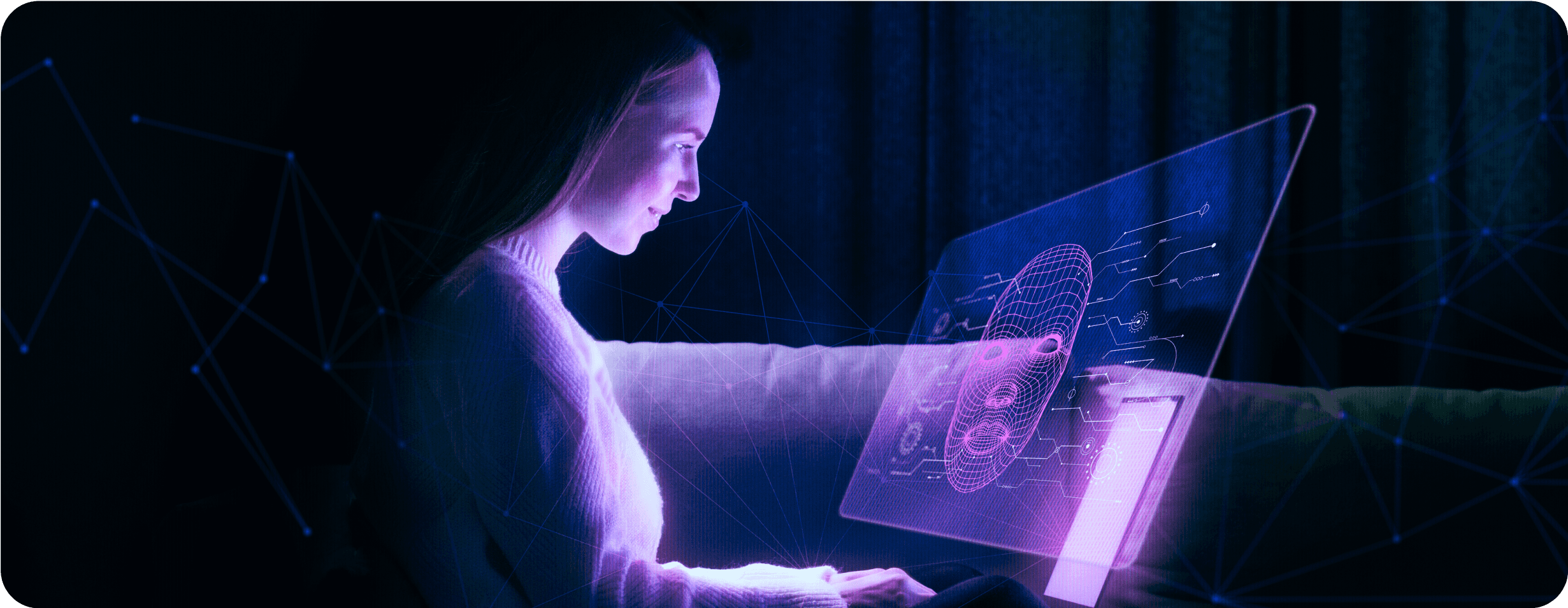 Woman using AI-powered SEO tools with futuristic digital interface, representing real-time data analysis, rankings optimization, and enhanced online visibility in 2025.