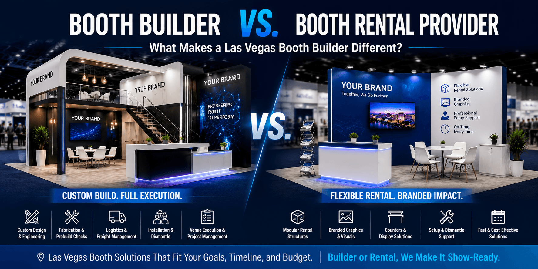 Las Vegas trade show booth builder and booth rental provider comparison showing custom booth build, flexible rental structure, branded graphics, counters, fabrication checks, and installation support