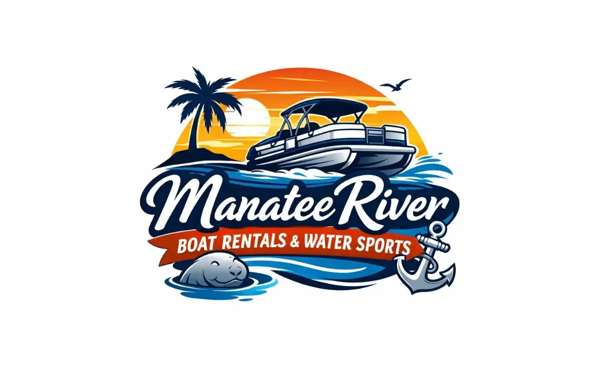 Illustrated logo featuring a scenic river with a boat, palm tree, and a manatee, highlighted by the text "Manatee River Boat Rentals & Water Sports" along with an anchor motif.