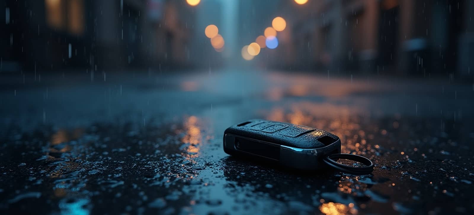 Une clé de voiture électronique noire posée sur l'asphalte mouillé d'une rue la nuit, sous la pluie, avec des lumières de la ville floues en arrière-plan.