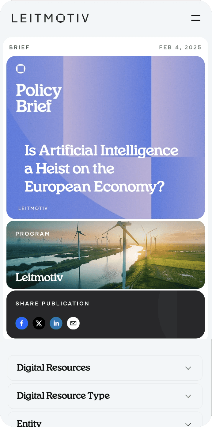Mobile screen displaying Leitmotiv's policy brief titled "Is Artificial Intelligence a Heist on the European Economy?".
