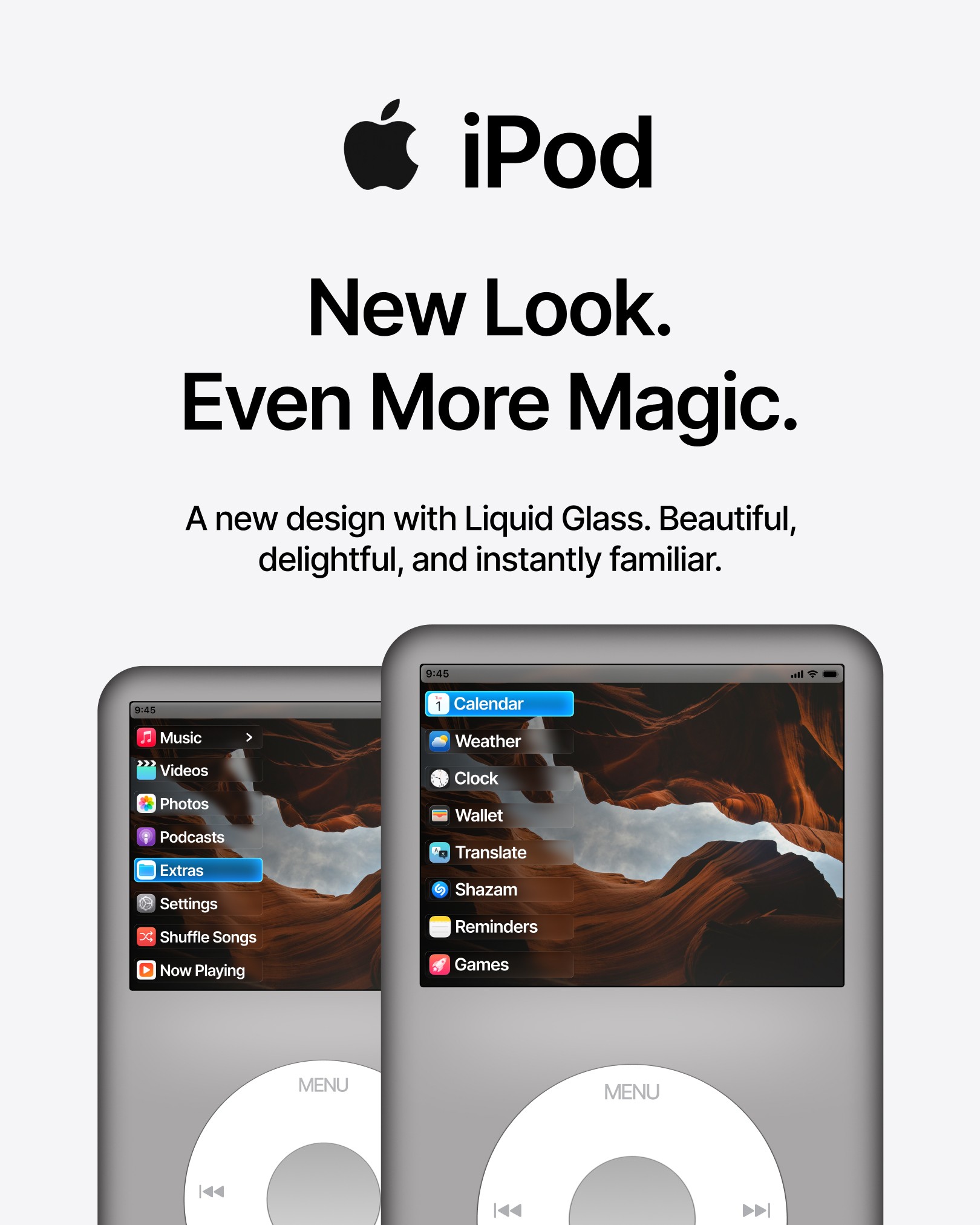 iPod Revive concept device rendered with iOS Liquid Glass aesthetic, showing the reimagined form factor with classic click wheel and modern Retina display