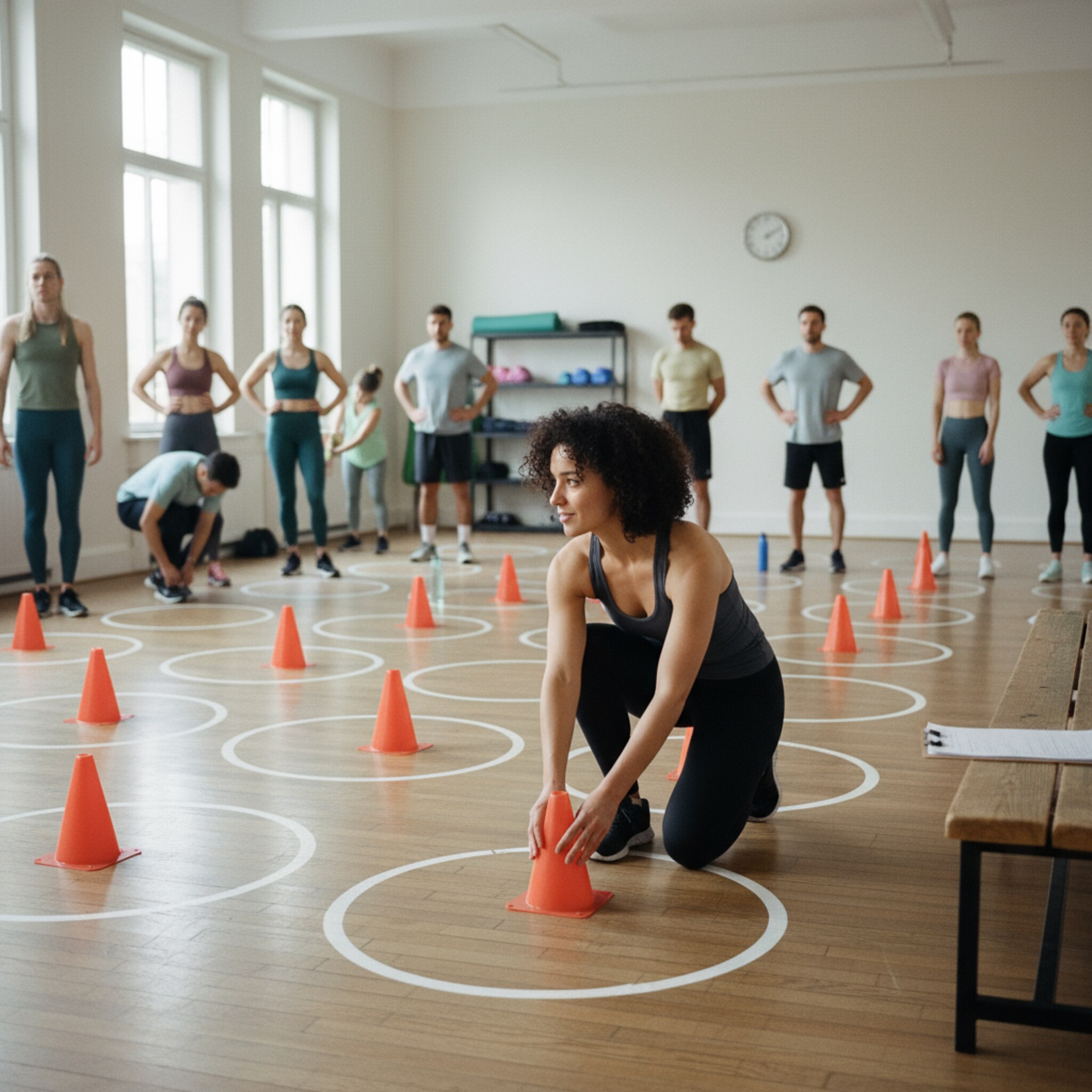 Ein heller Kursraum mit gleichmäßig verteilten Markierungen zeigt klar die verfügbaren Plätze. Ein Trainer stellt letzte Hütchen und prüft die Aufstellung, während Teilnehmende leise eintreten. Alles wirkt strukturiert und vorbereitet, die Kapazität ist sichtbar organisiert.