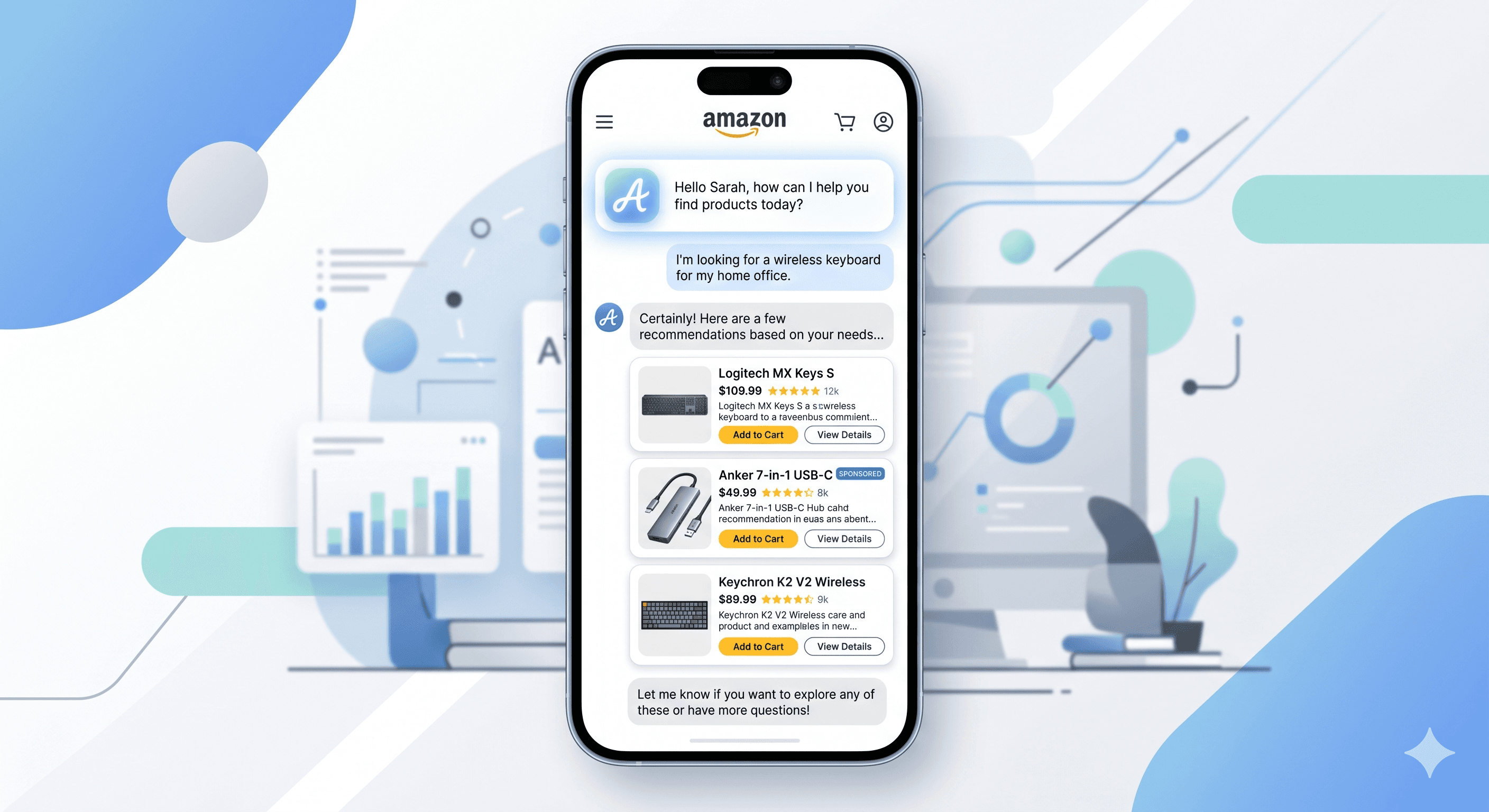 Amazon Alexa for Shopping replacing Rufus AI chatbot, showing new AI-powered search interface with Sponsored Products for sellers in 2026