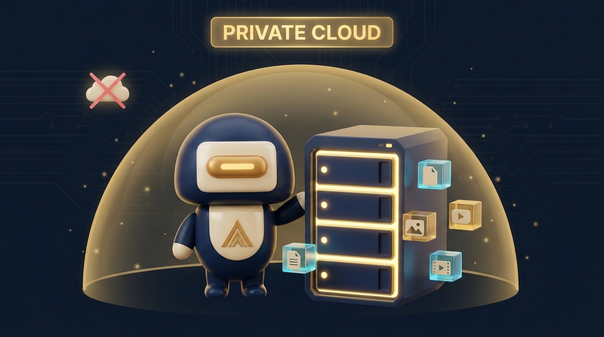 Bean standing next to a glowing 4-bay NAS server tower with floating storage cubes under a banner reading PRIVATE CLOUD