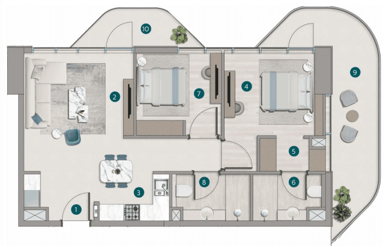 Floor plan of a two-bedroom apartment at Flora Shore Beachfront Residences, showcasing layout and room dimensions.