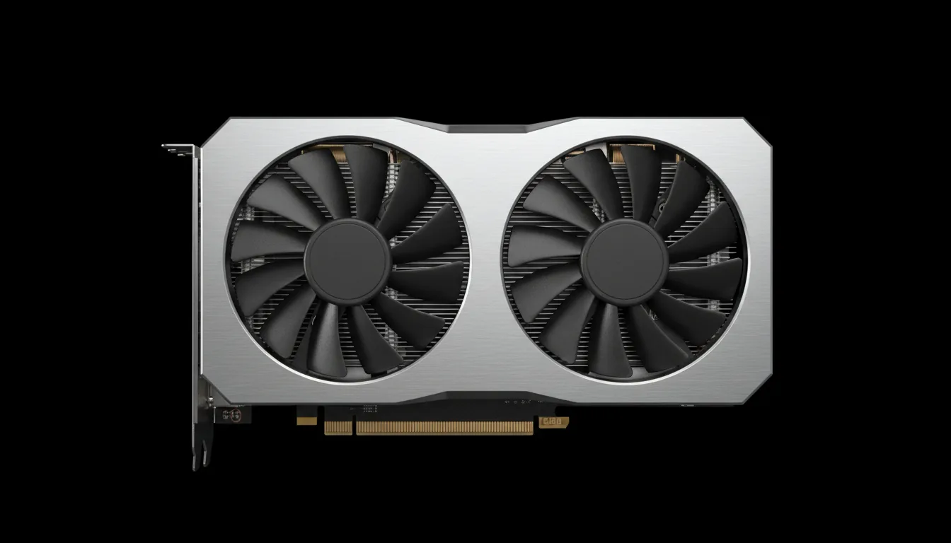 High-angle DSLR product photography of a modern dual-fan graphics card, isolated on a solid black background. Soft studio lighting highlights the sleek, silver brushed-metal frame and the matte black texture of the fans and finned heatsink. The entire object is in sharp focus, showcasing its clean, high-tech design.