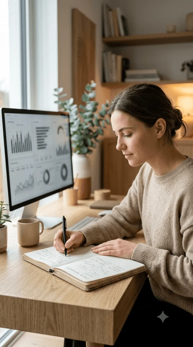 A person working at a desk with an open notebook and mug.