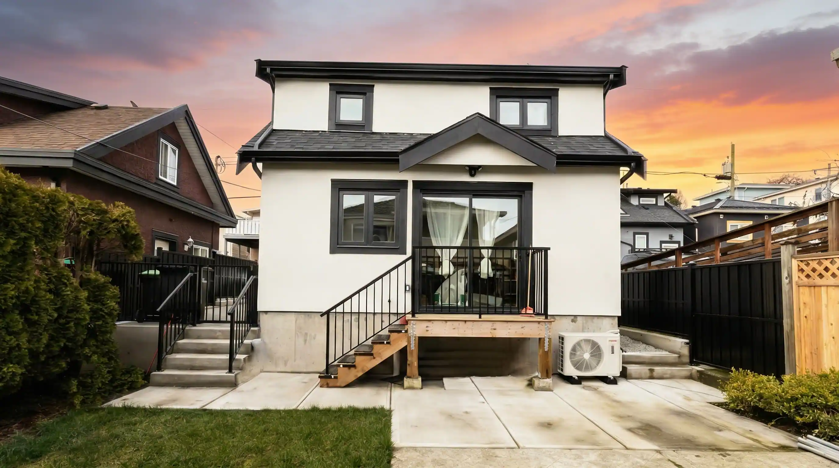 Rear exterior of Vancouver Custom Homes' East 63rd custom laneway home at sunset, showcasing a raised deck with black metal railings, large windows, concrete patio, and heat pump.