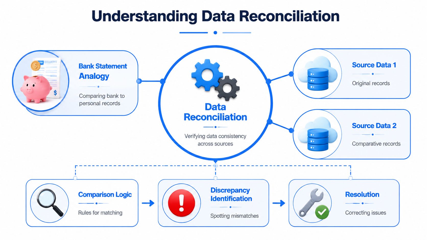 A diagram illustrating data reconciliation processes, showing comparisons between source data sets, logical rules, discrepancy identification, and resolution.